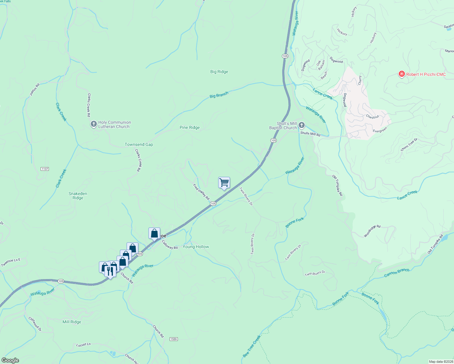 map of restaurants, bars, coffee shops, grocery stores, and more near 341 Carl Giles Road in Boone