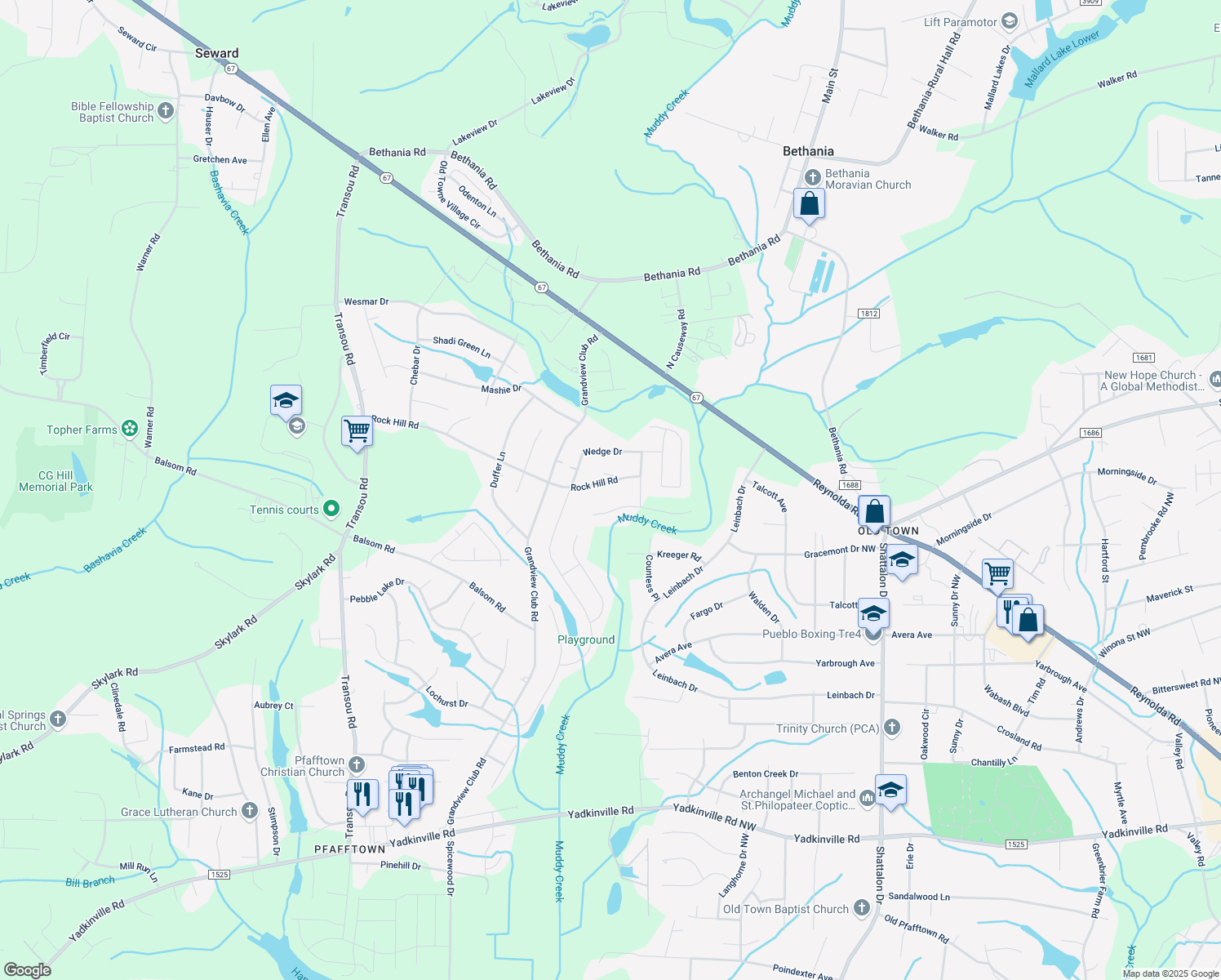 map of restaurants, bars, coffee shops, grocery stores, and more near 4136 Rock Hill Road in Pfafftown
