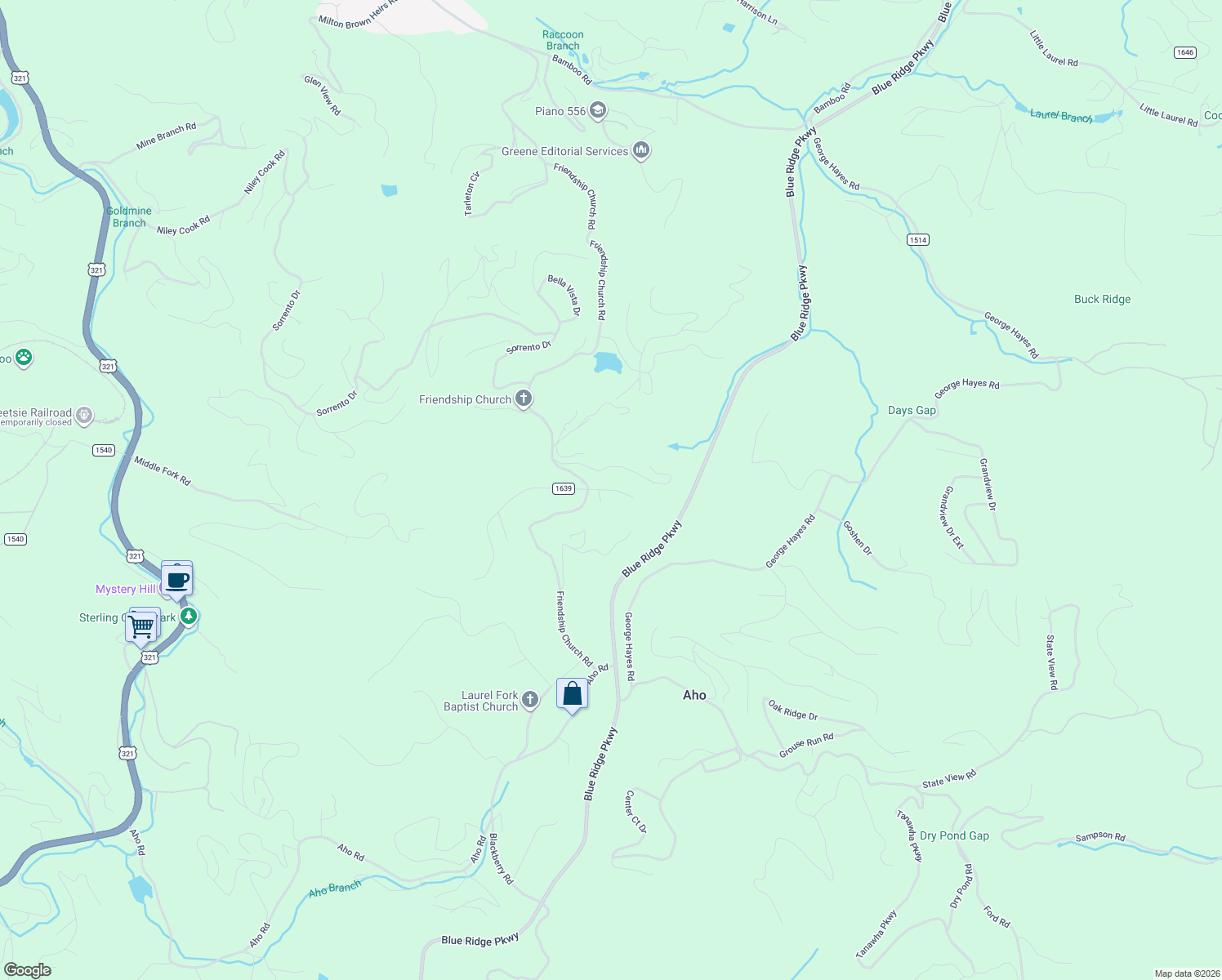 map of restaurants, bars, coffee shops, grocery stores, and more near Buff Ridge Road in Watauga County
