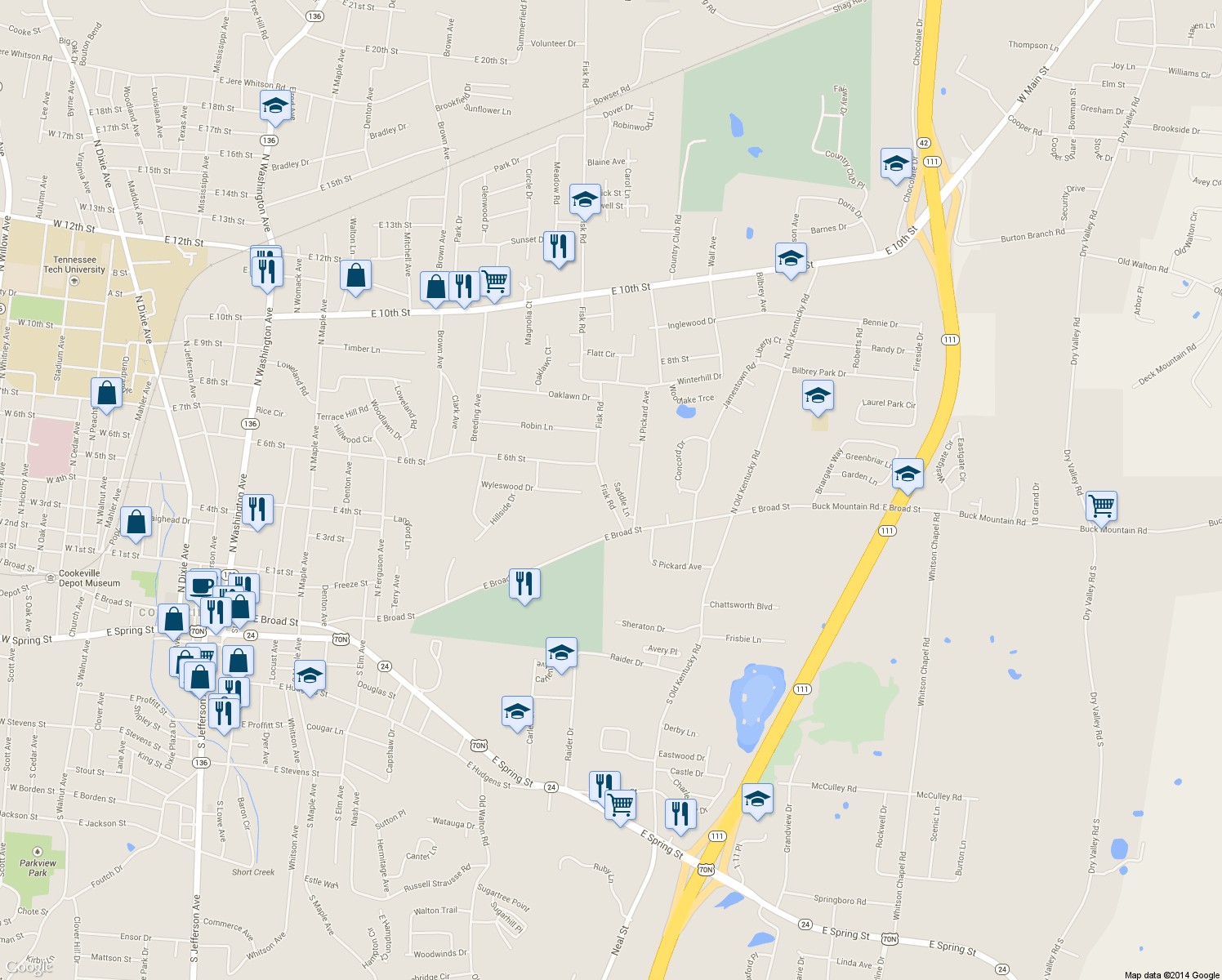 map of restaurants, bars, coffee shops, grocery stores, and more near 528 Saddle Lane in Cookeville
