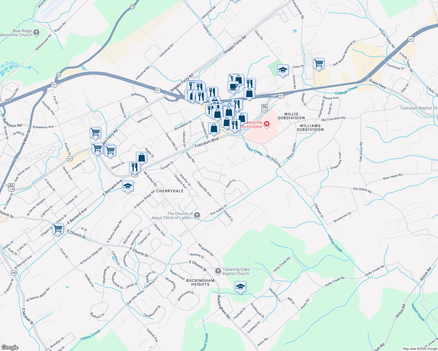 map of restaurants, bars, coffee shops, grocery stores, and more near 216 Dogwood Dr in Greeneville