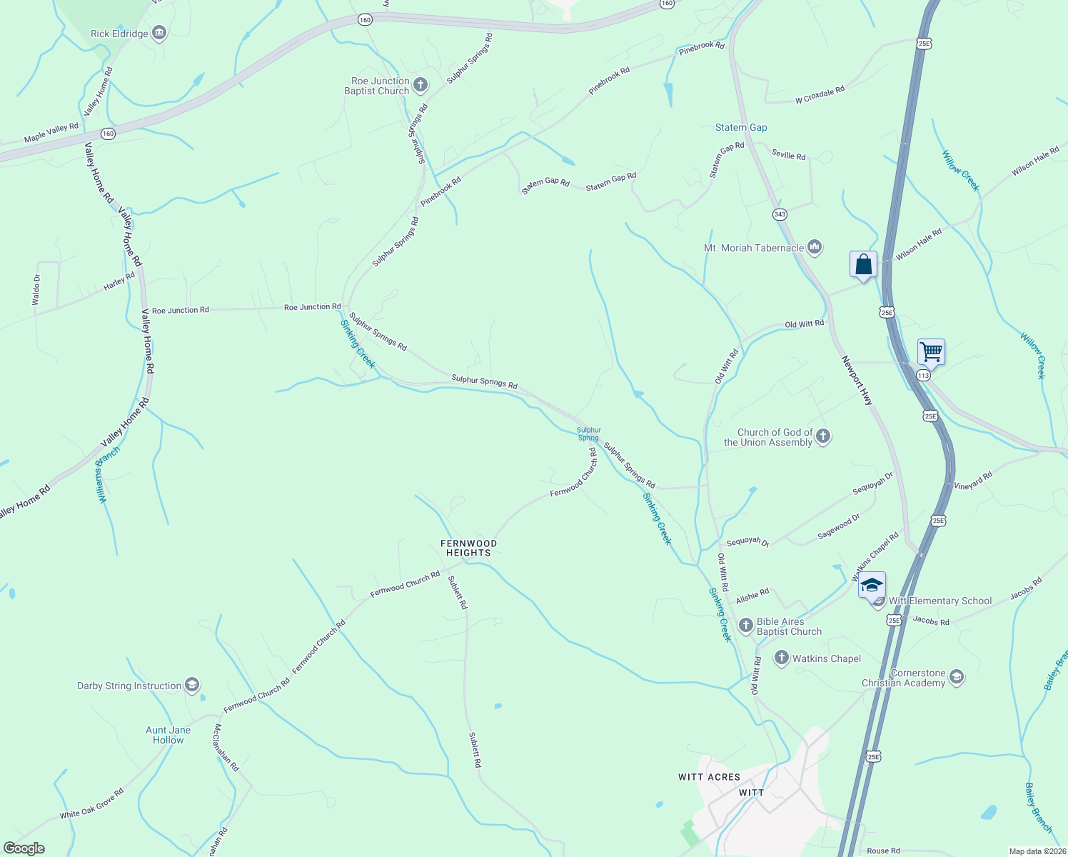 map of restaurants, bars, coffee shops, grocery stores, and more near 3440 Sulphur Springs Road in Morristown
