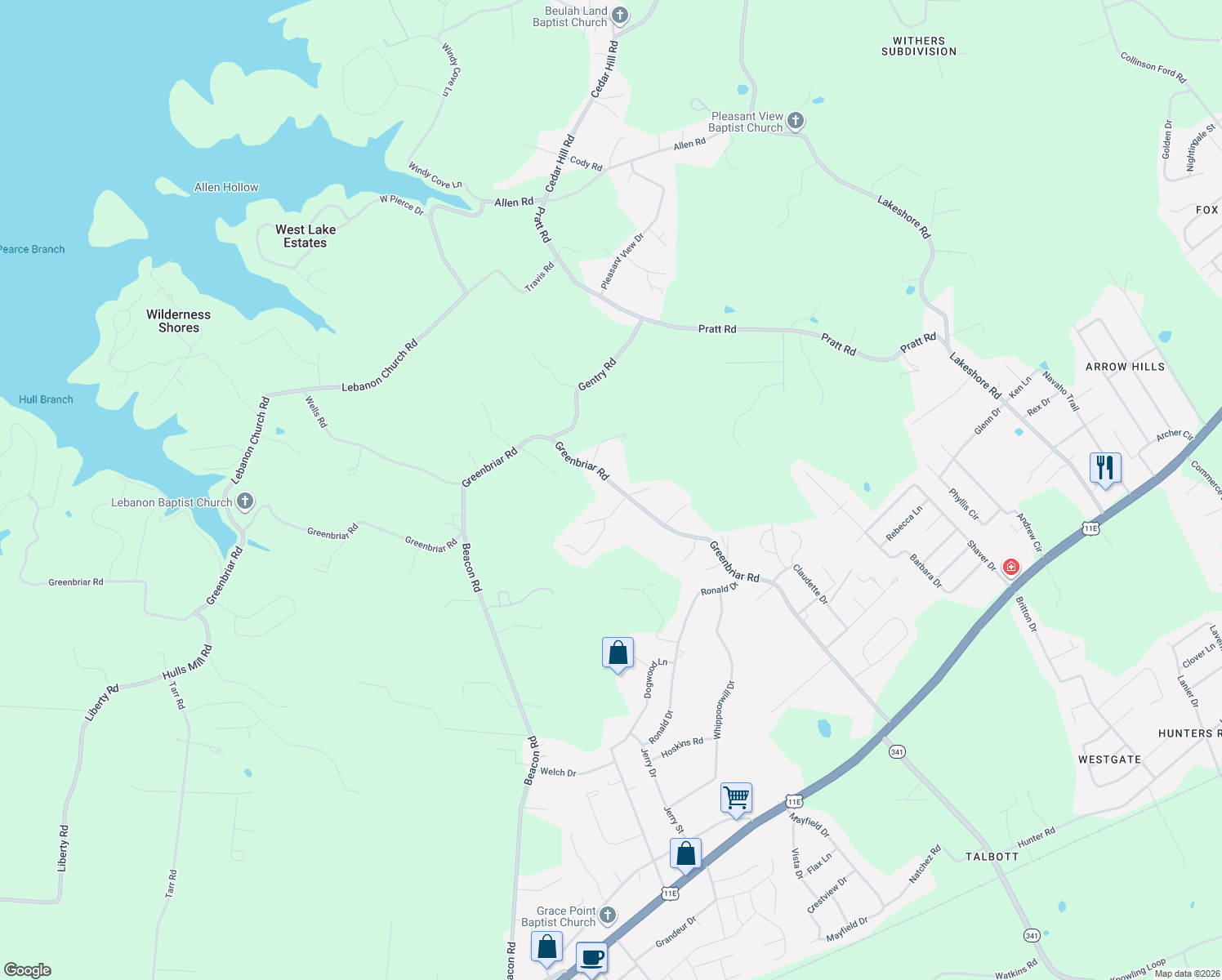 map of restaurants, bars, coffee shops, grocery stores, and more near 1136 Greenbriar Road in Talbott
