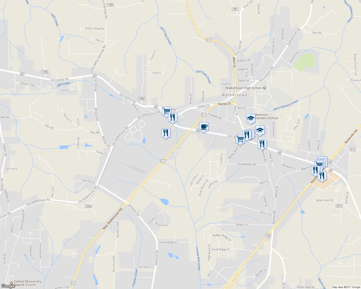 map of restaurants, bars, coffee shops, grocery stores, and more near 4711 New Walkertown Road in Walkertown