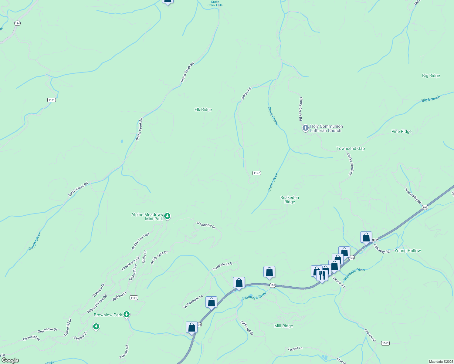 map of restaurants, bars, coffee shops, grocery stores, and more near 1121 Nettles Ridge Road in Banner Elk