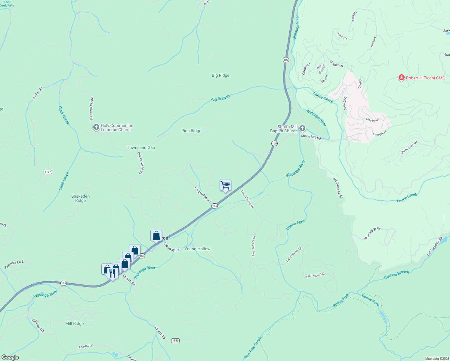 map of restaurants, bars, coffee shops, grocery stores, and more near 341 Carl Giles Road in Boone