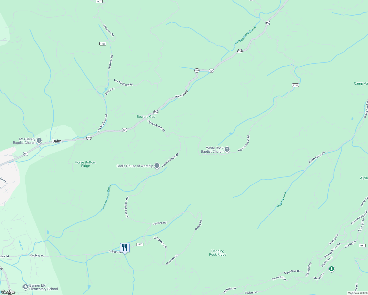 map of restaurants, bars, coffee shops, grocery stores, and more near 2575 Pigeon Roost Road in Banner Elk