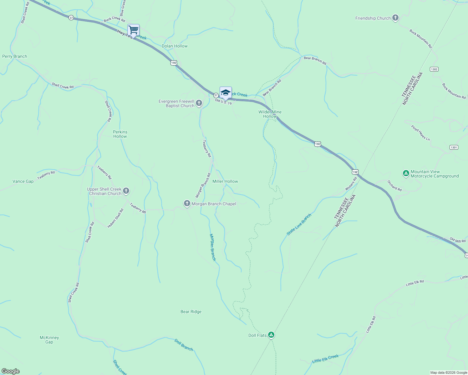 map of restaurants, bars, coffee shops, grocery stores, and more near 107 Luke Winters Rd in Roan Mountain