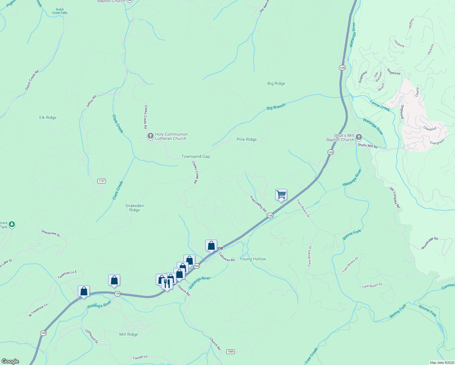 map of restaurants, bars, coffee shops, grocery stores, and more near 643 Peaceful Haven Drive in Boone