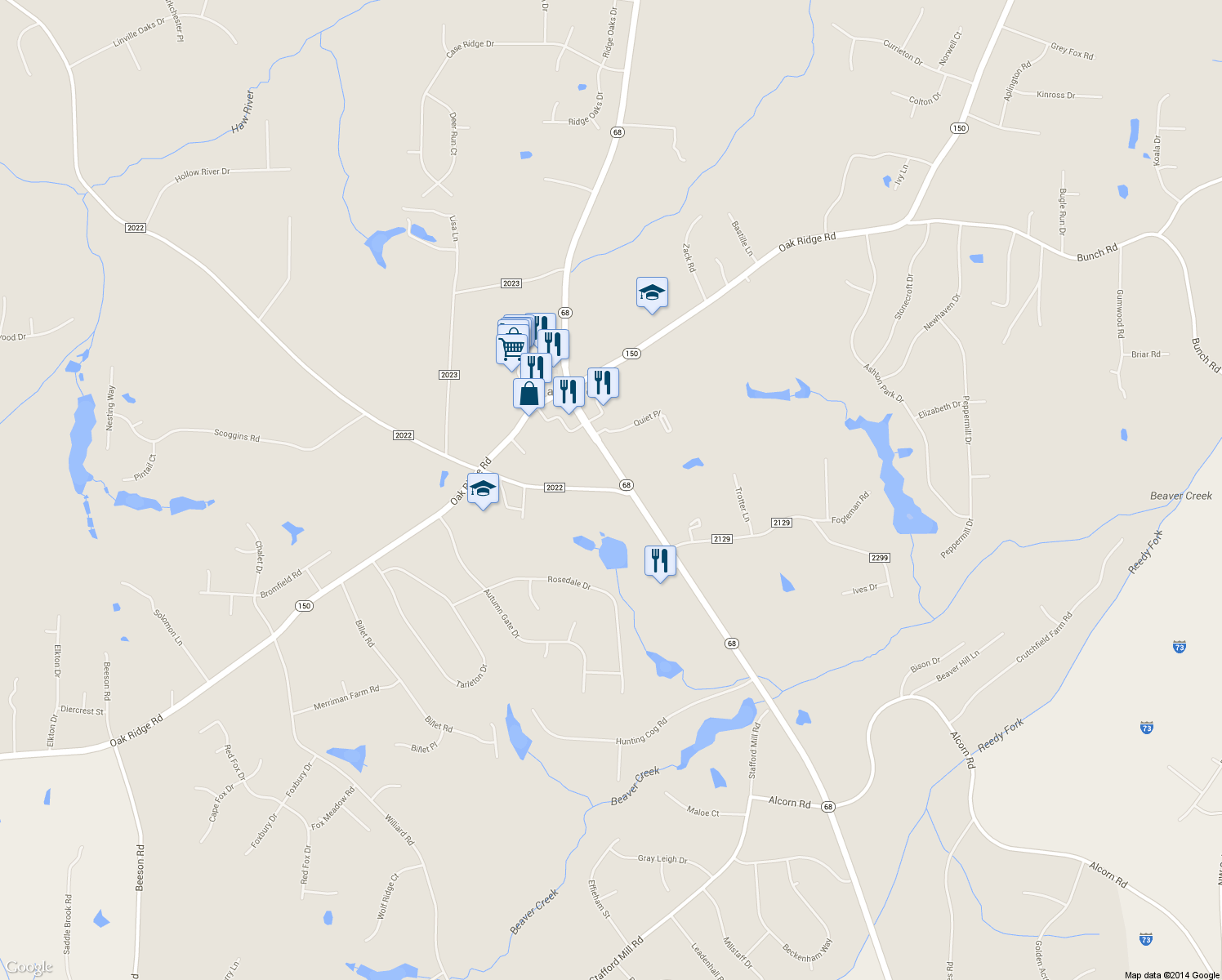 map of restaurants, bars, coffee shops, grocery stores, and more near 8018 Linville Road in Oak Ridge