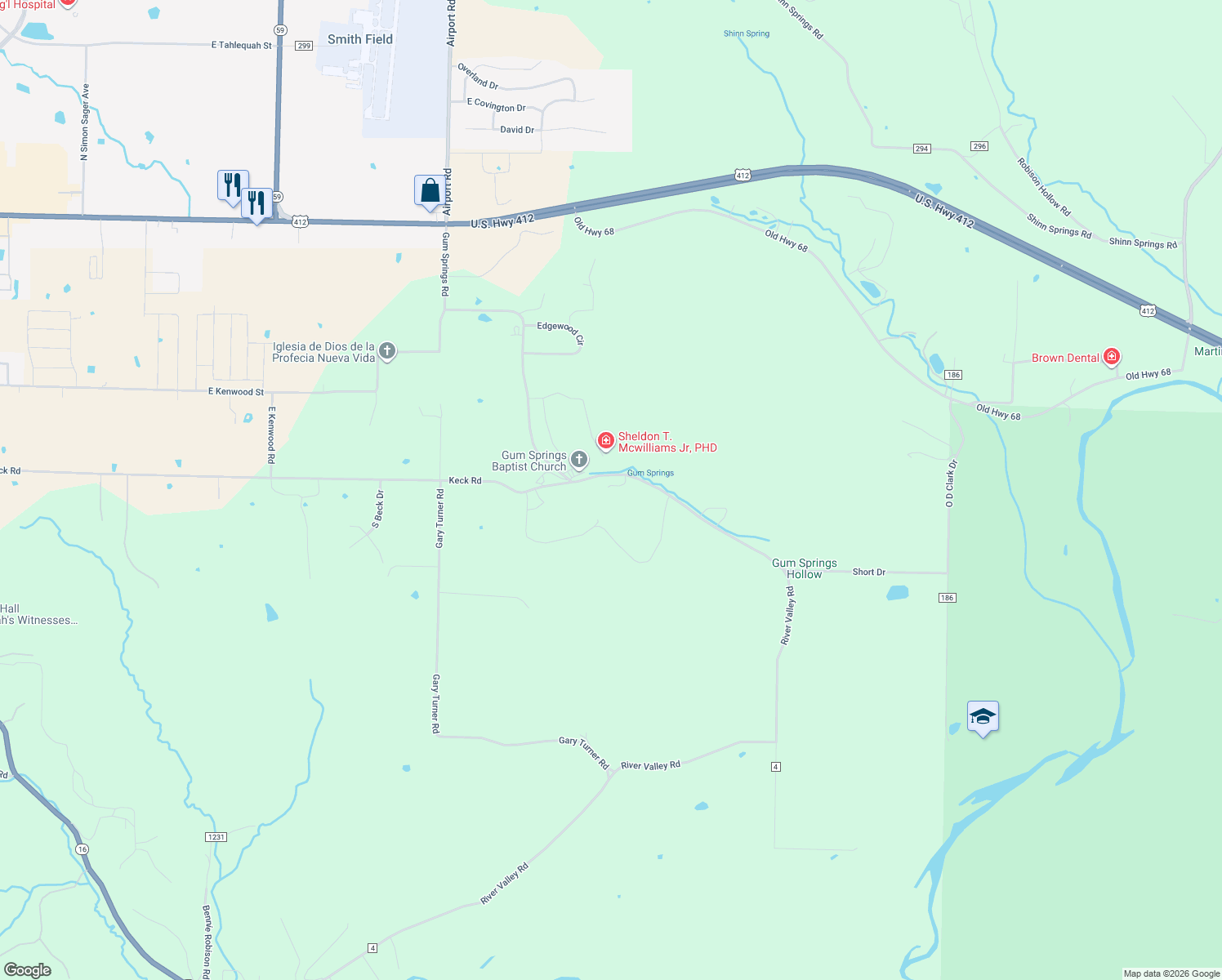 map of restaurants, bars, coffee shops, grocery stores, and more near 19925 Keck Road in Siloam Springs