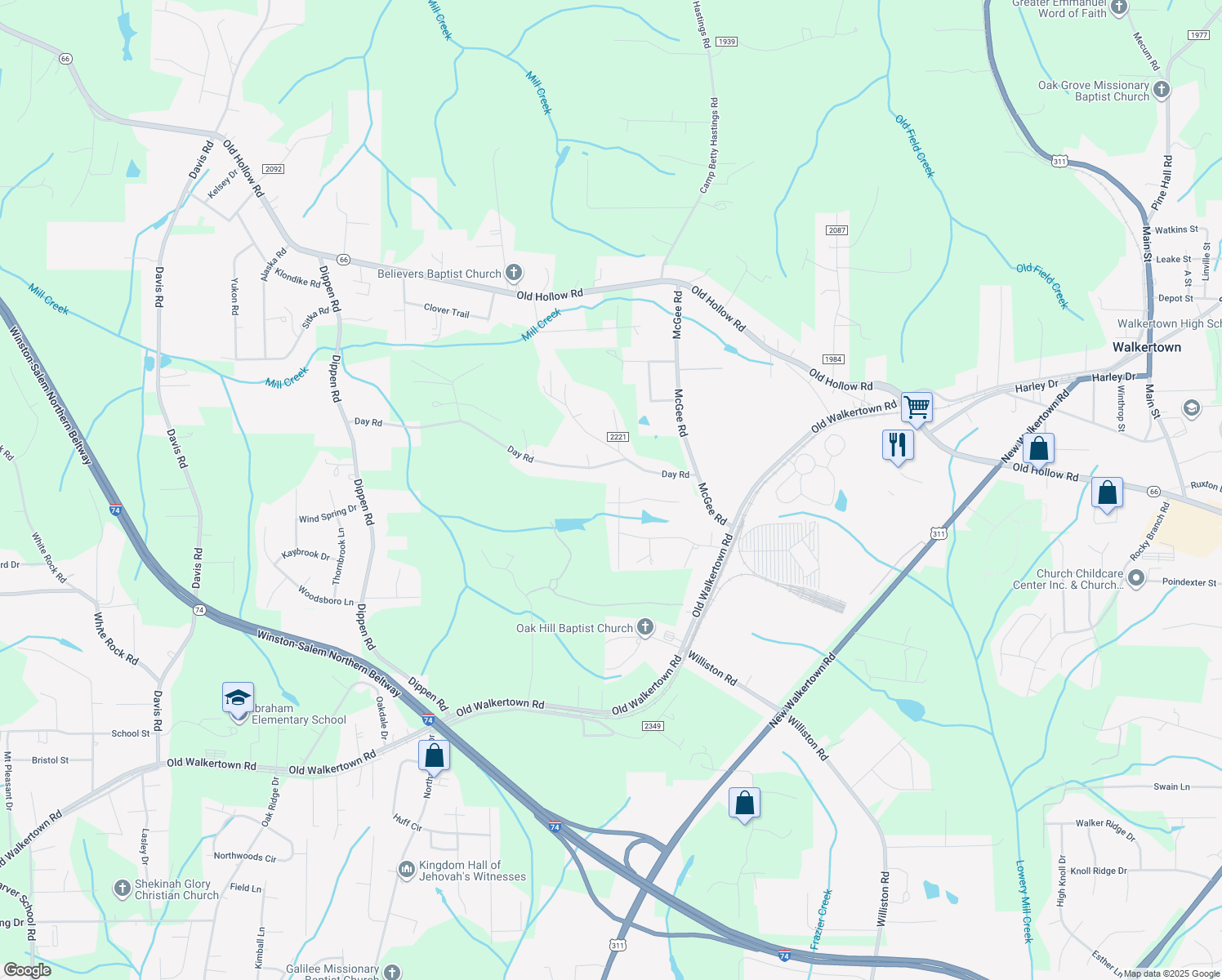 map of restaurants, bars, coffee shops, grocery stores, and more near 5540 Sherene Ln in Walkertown