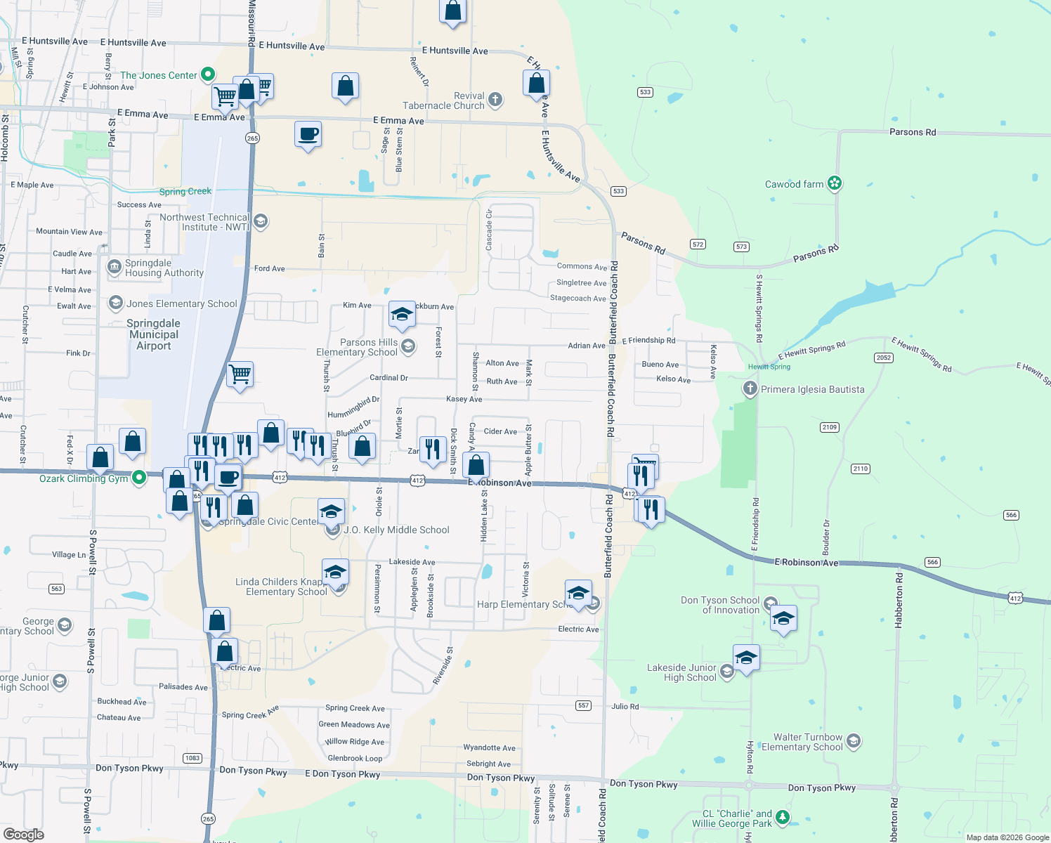 map of restaurants, bars, coffee shops, grocery stores, and more near 2839 Granny Smith Ave in Springdale