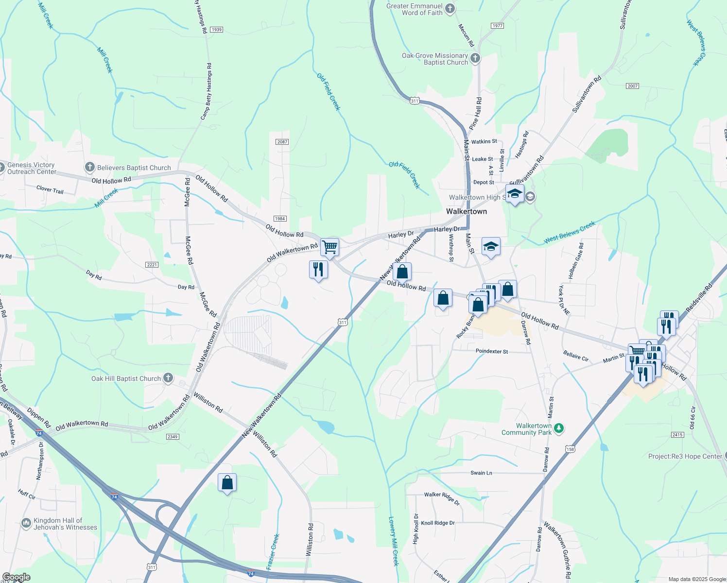 map of restaurants, bars, coffee shops, grocery stores, and more near 4770 New Walkertown Road in Walkertown