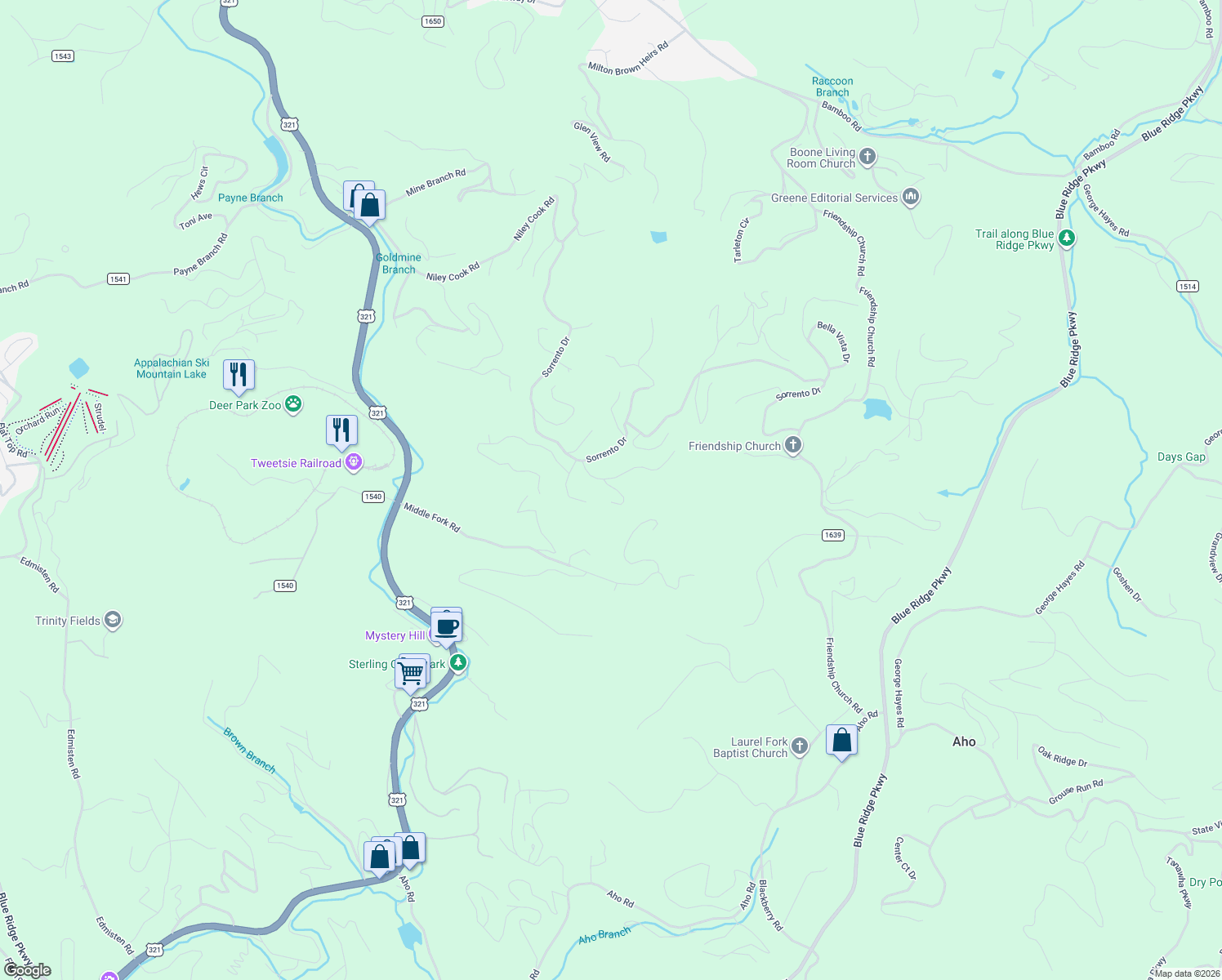 map of restaurants, bars, coffee shops, grocery stores, and more near 178 Sorrento Park Drive in Blowing Rock
