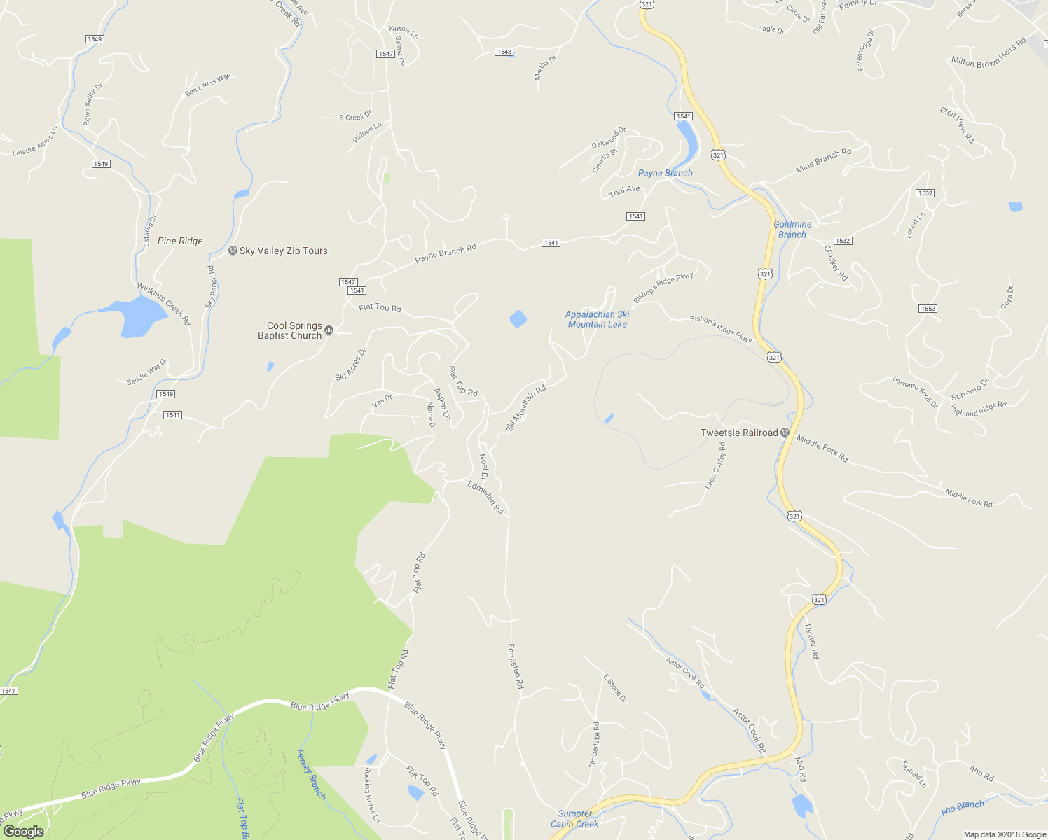 map of restaurants, bars, coffee shops, grocery stores, and more near Deer Ridge Lane in Blowing Rock