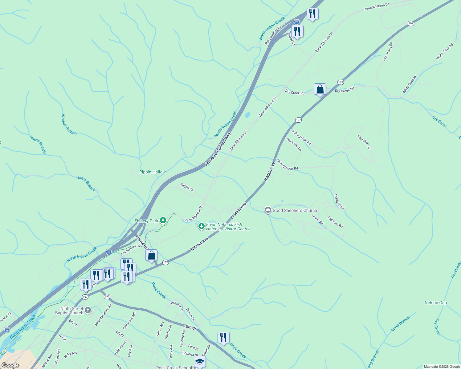 map of restaurants, bars, coffee shops, grocery stores, and more near 1019 Quail Run in Erwin