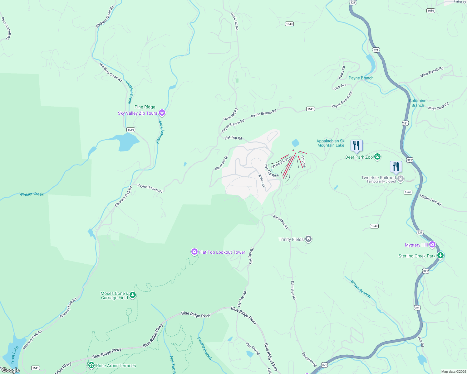 map of restaurants, bars, coffee shops, grocery stores, and more near 244 Vail Drive in Blowing Rock