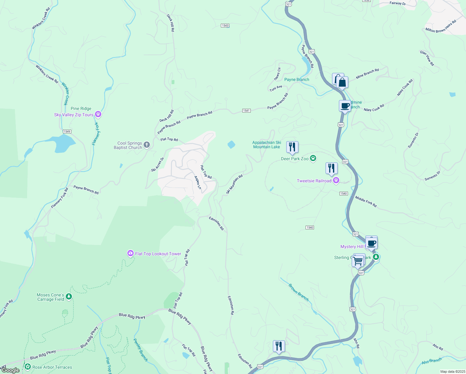 map of restaurants, bars, coffee shops, grocery stores, and more near 253 Alpine Road in Blowing Rock