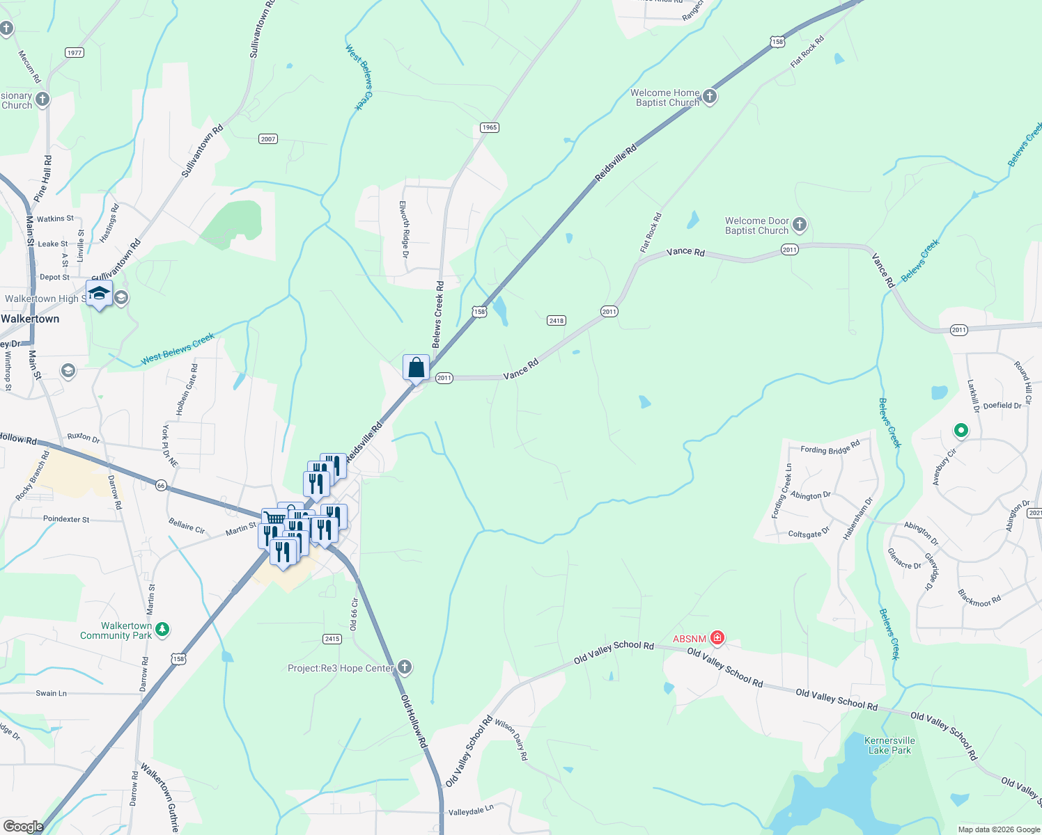 map of restaurants, bars, coffee shops, grocery stores, and more near 108 North Main Street in Kernersville