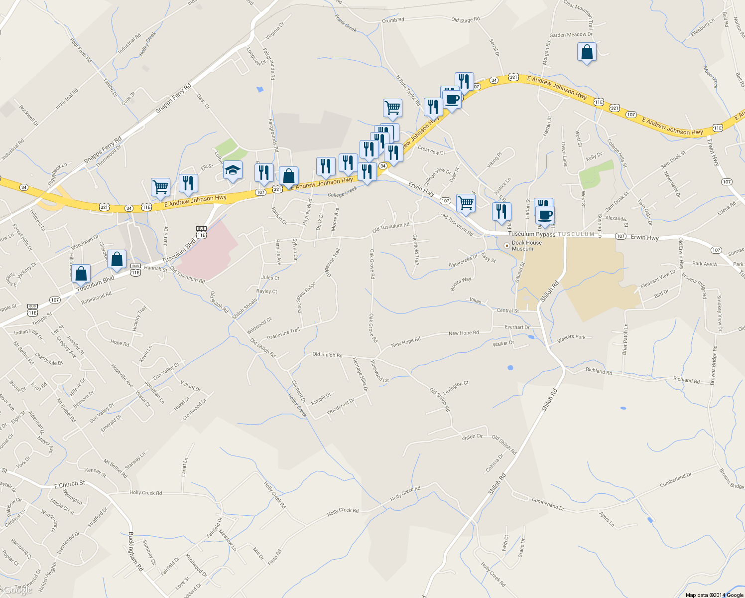 map of restaurants, bars, coffee shops, grocery stores, and more near 103 Oak Grove Rd in Greeneville