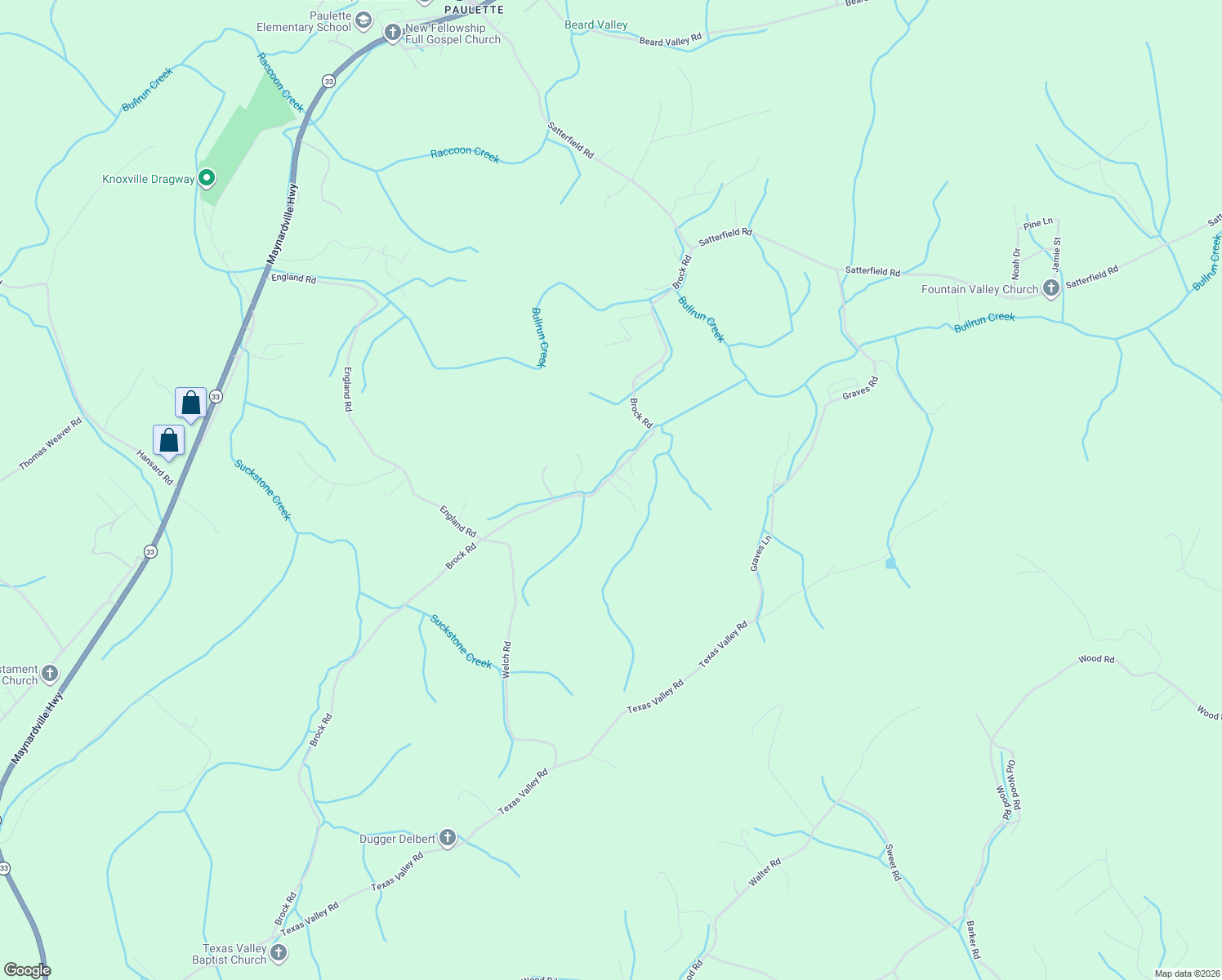 map of restaurants, bars, coffee shops, grocery stores, and more near 287 Brock Road in Maynardville