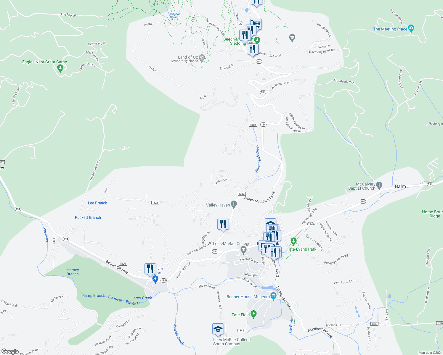 map of restaurants, bars, coffee shops, grocery stores, and more near 398 Penny Lane in Banner Elk