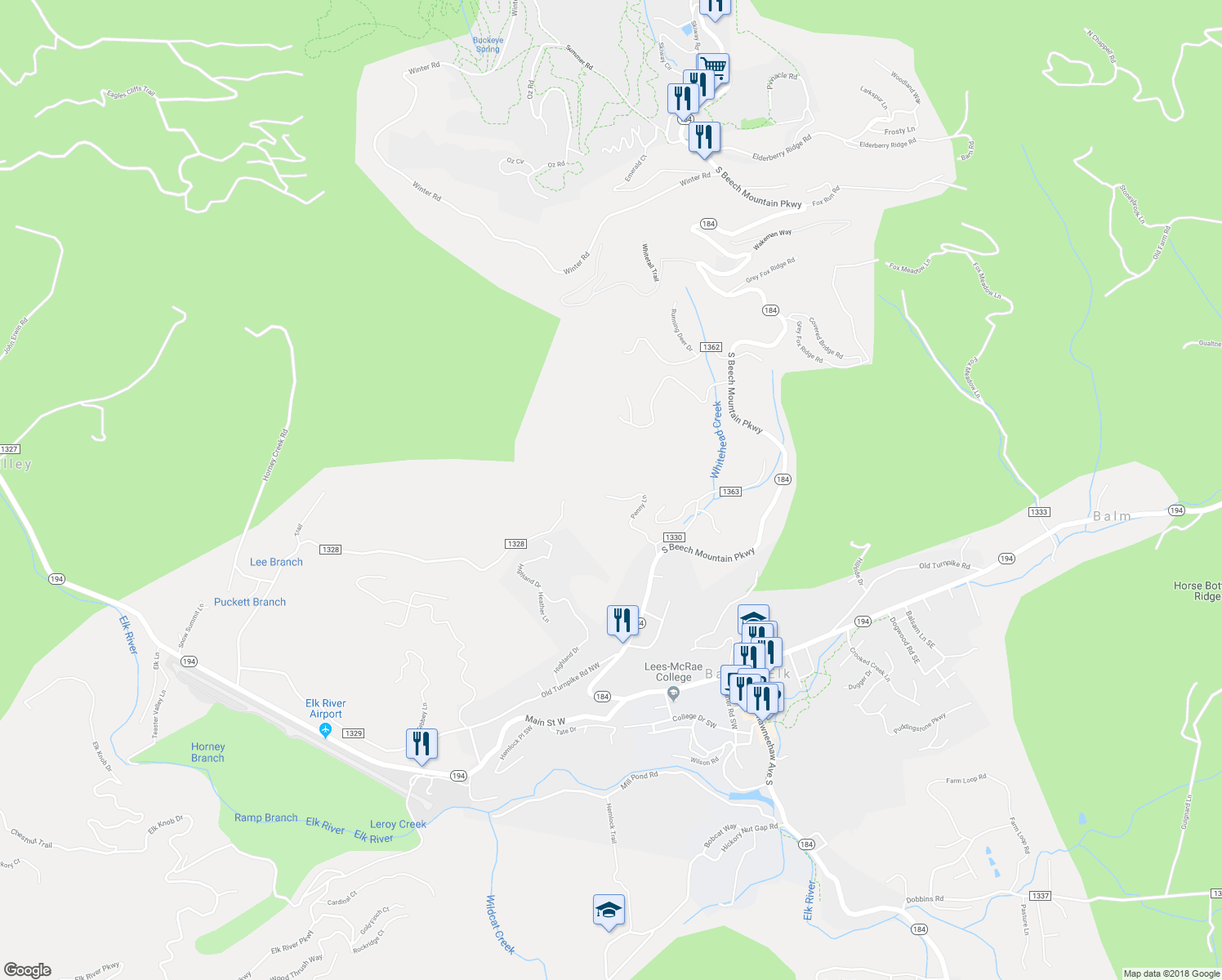 map of restaurants, bars, coffee shops, grocery stores, and more near 398 Penny Lane in Banner Elk