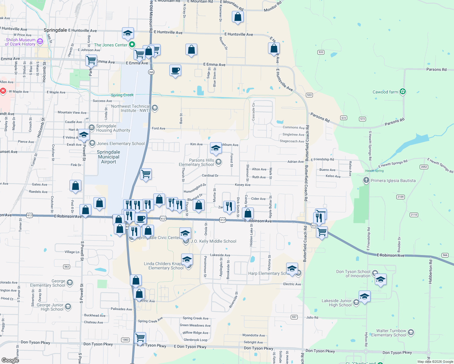 map of restaurants, bars, coffee shops, grocery stores, and more near 2400 Kasey Avenue in Springdale
