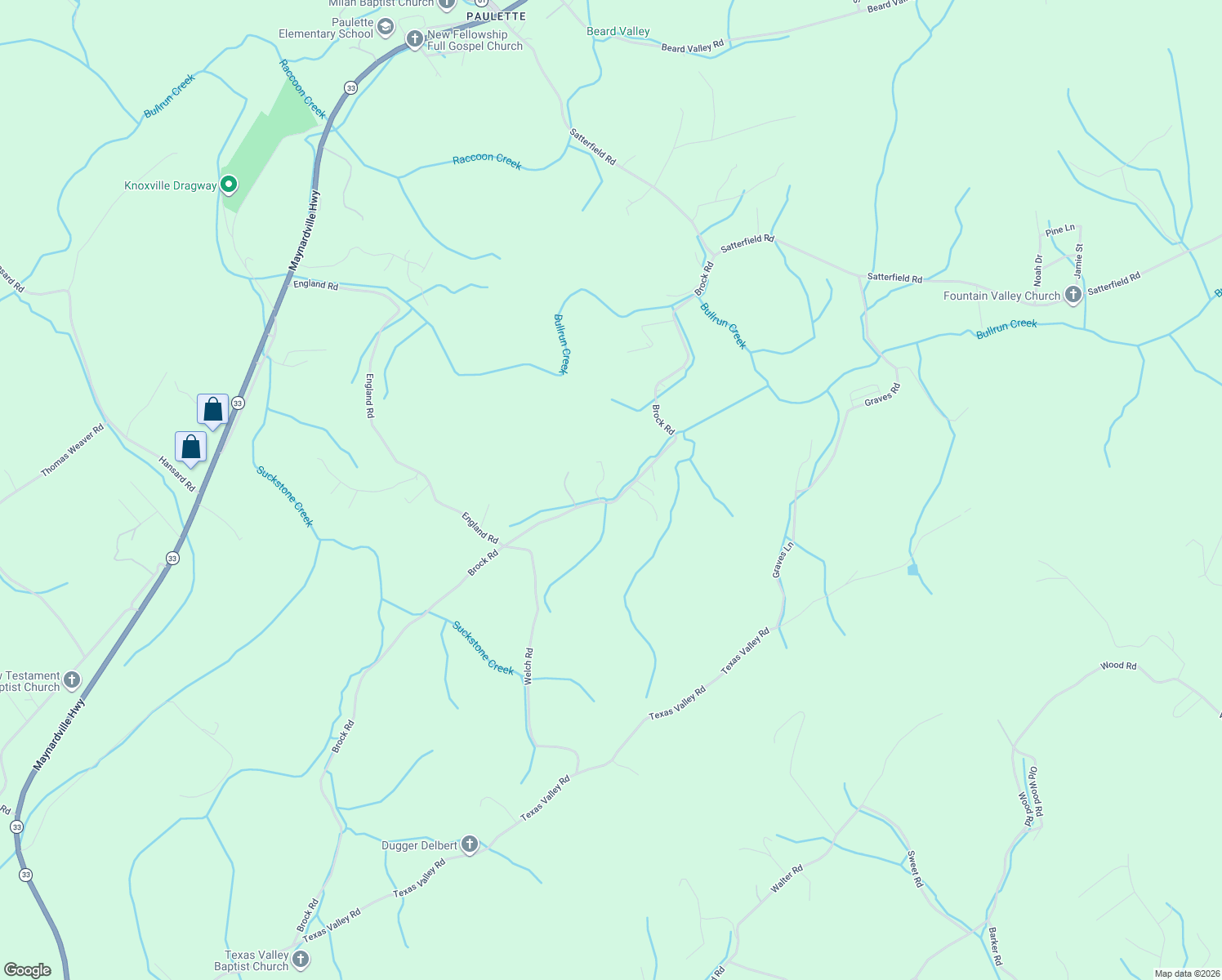 map of restaurants, bars, coffee shops, grocery stores, and more near 287 Brock Road in Maynardville