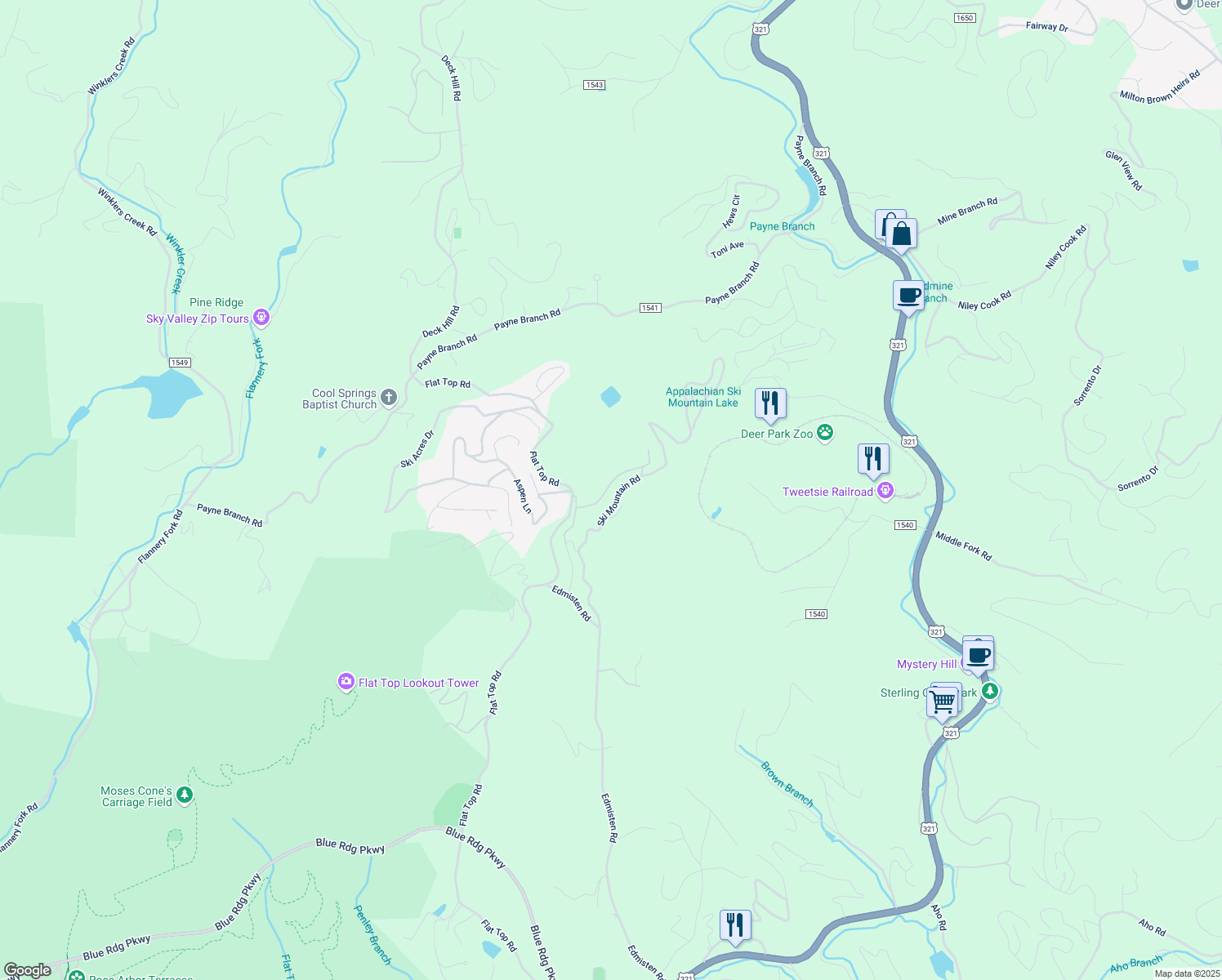 map of restaurants, bars, coffee shops, grocery stores, and more near 253 Alpine Road in Blowing Rock