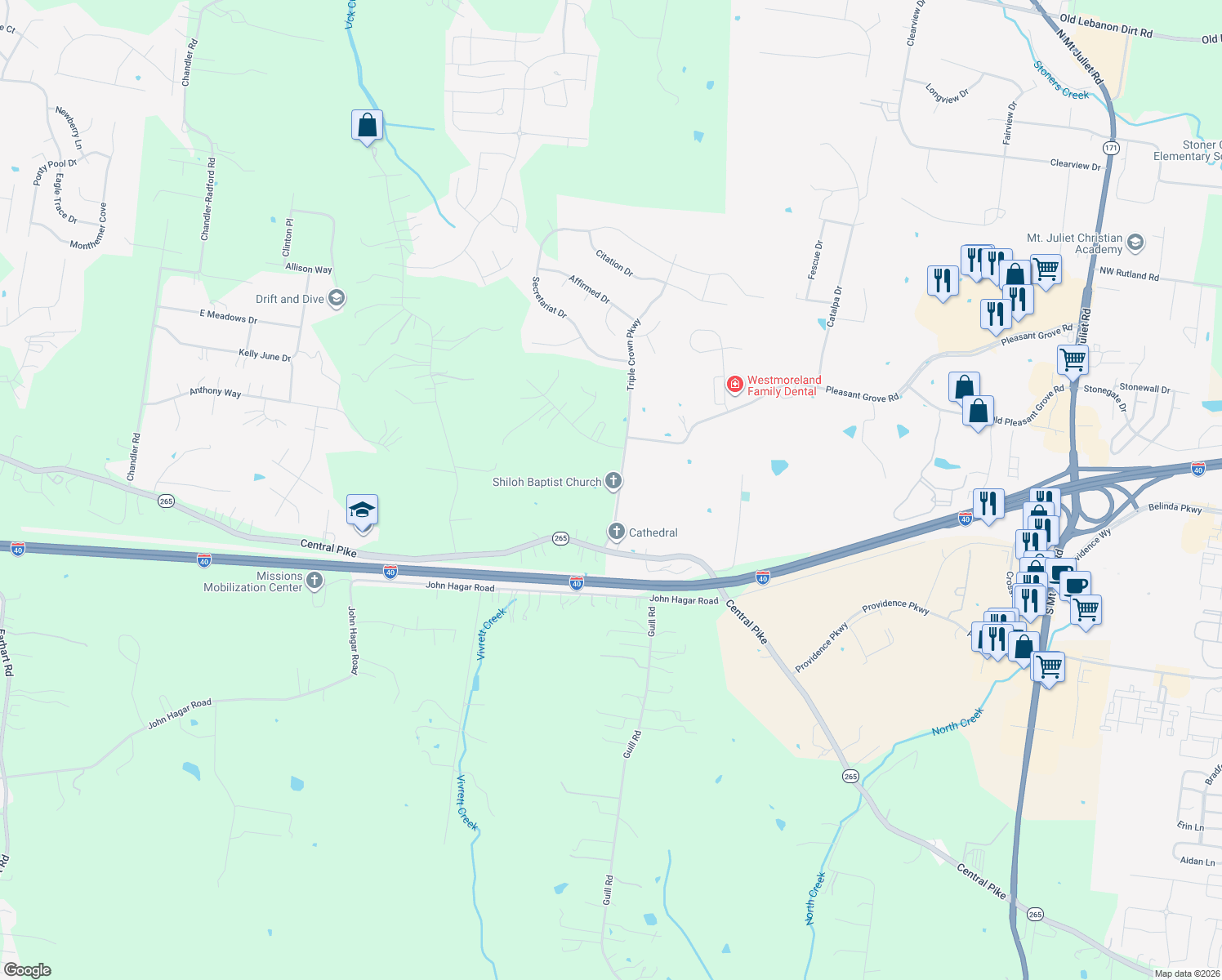 map of restaurants, bars, coffee shops, grocery stores, and more near 1544 Pleasant Grove Rd in Mt Juliet