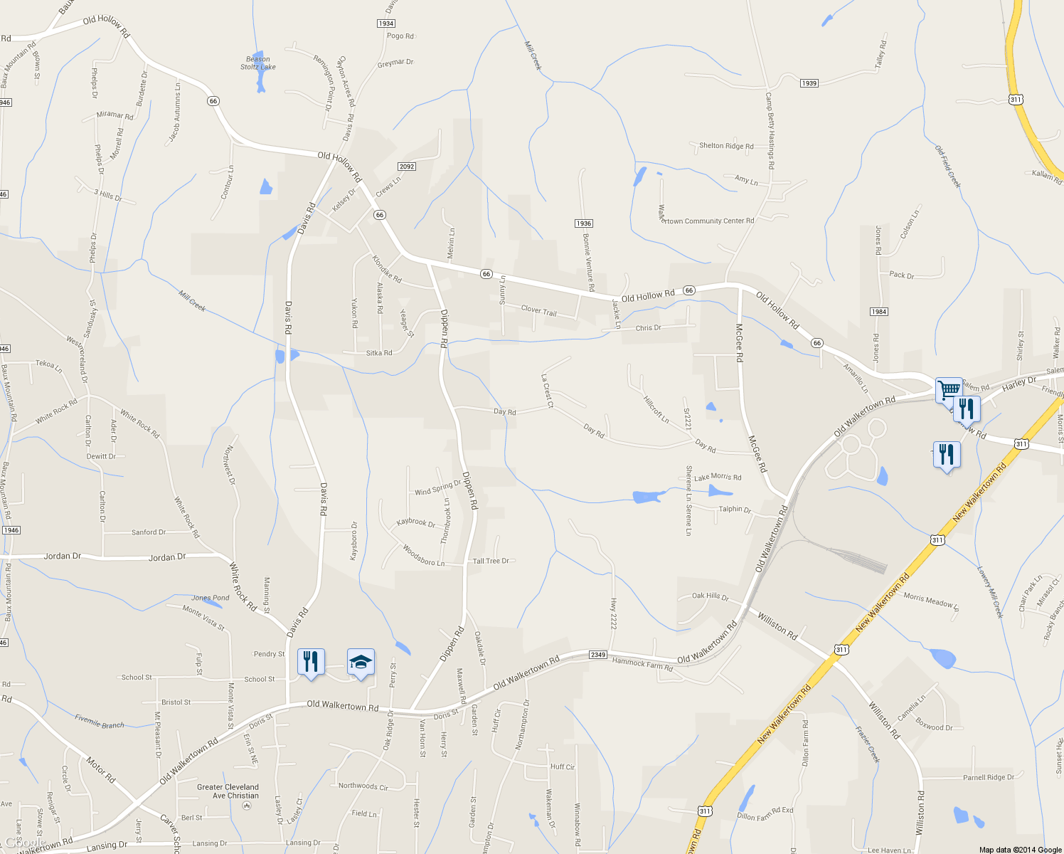 map of restaurants, bars, coffee shops, grocery stores, and more near 3434 Day Rd in Walkertown