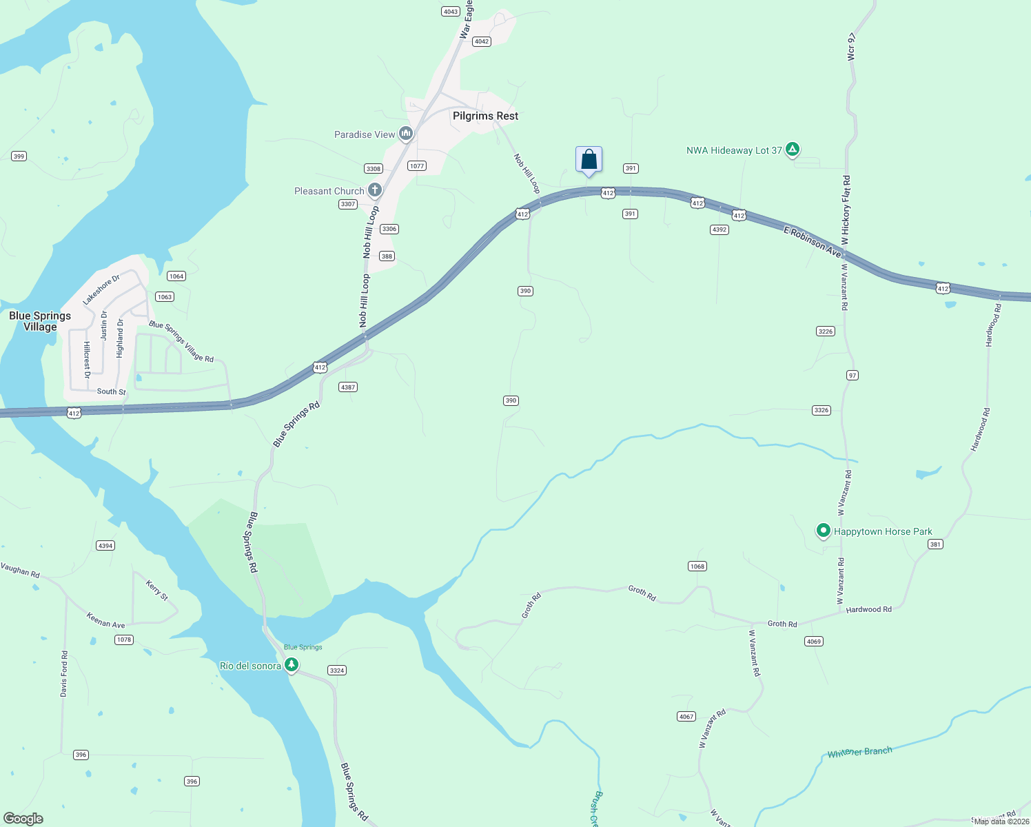 map of restaurants, bars, coffee shops, grocery stores, and more near 20771 Wade Road in Springdale