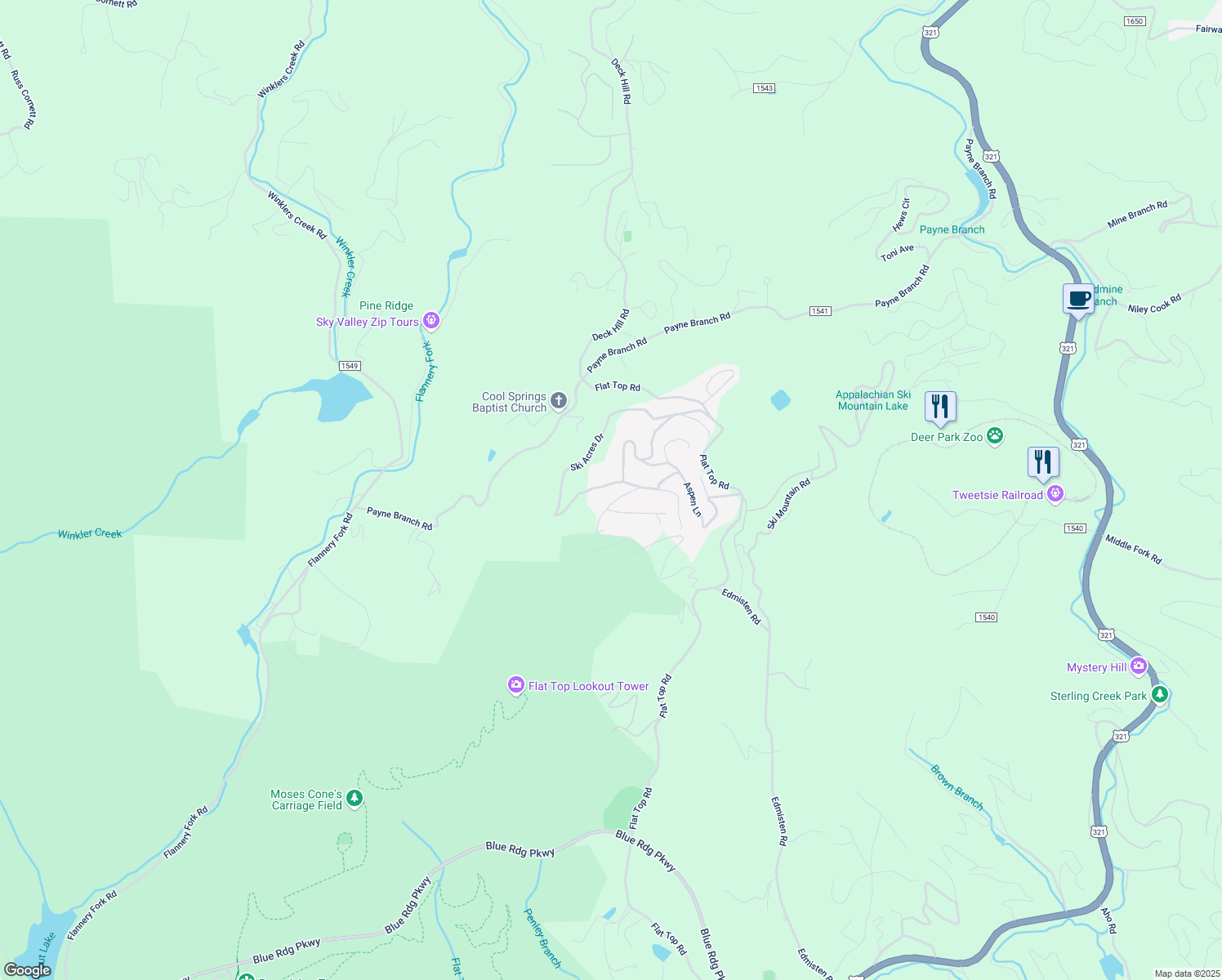 map of restaurants, bars, coffee shops, grocery stores, and more near 1030 Ski Acres Drive in Blowing Rock