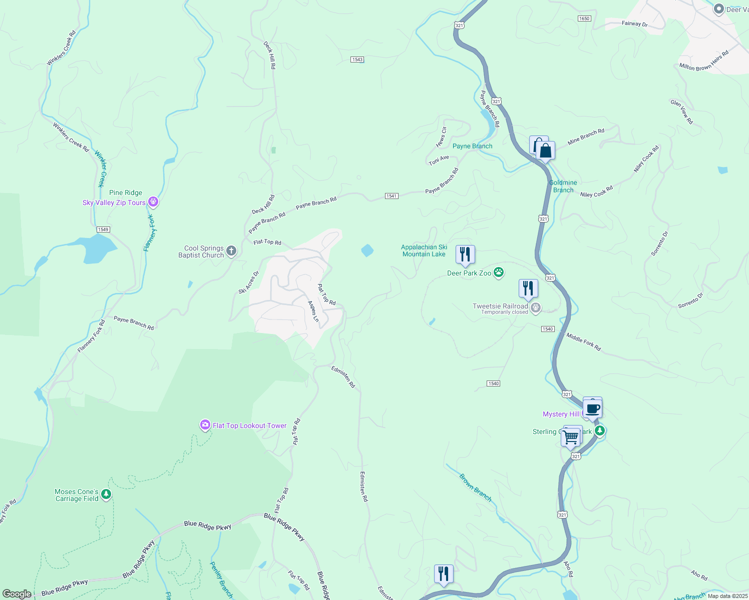 map of restaurants, bars, coffee shops, grocery stores, and more near 253 Alpine Road in Blowing Rock