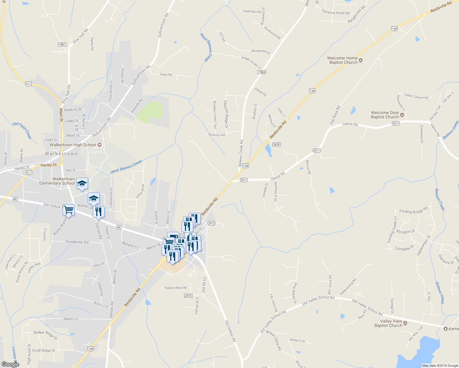 map of restaurants, bars, coffee shops, grocery stores, and more near 5333 Reidsville Road in Walkertown