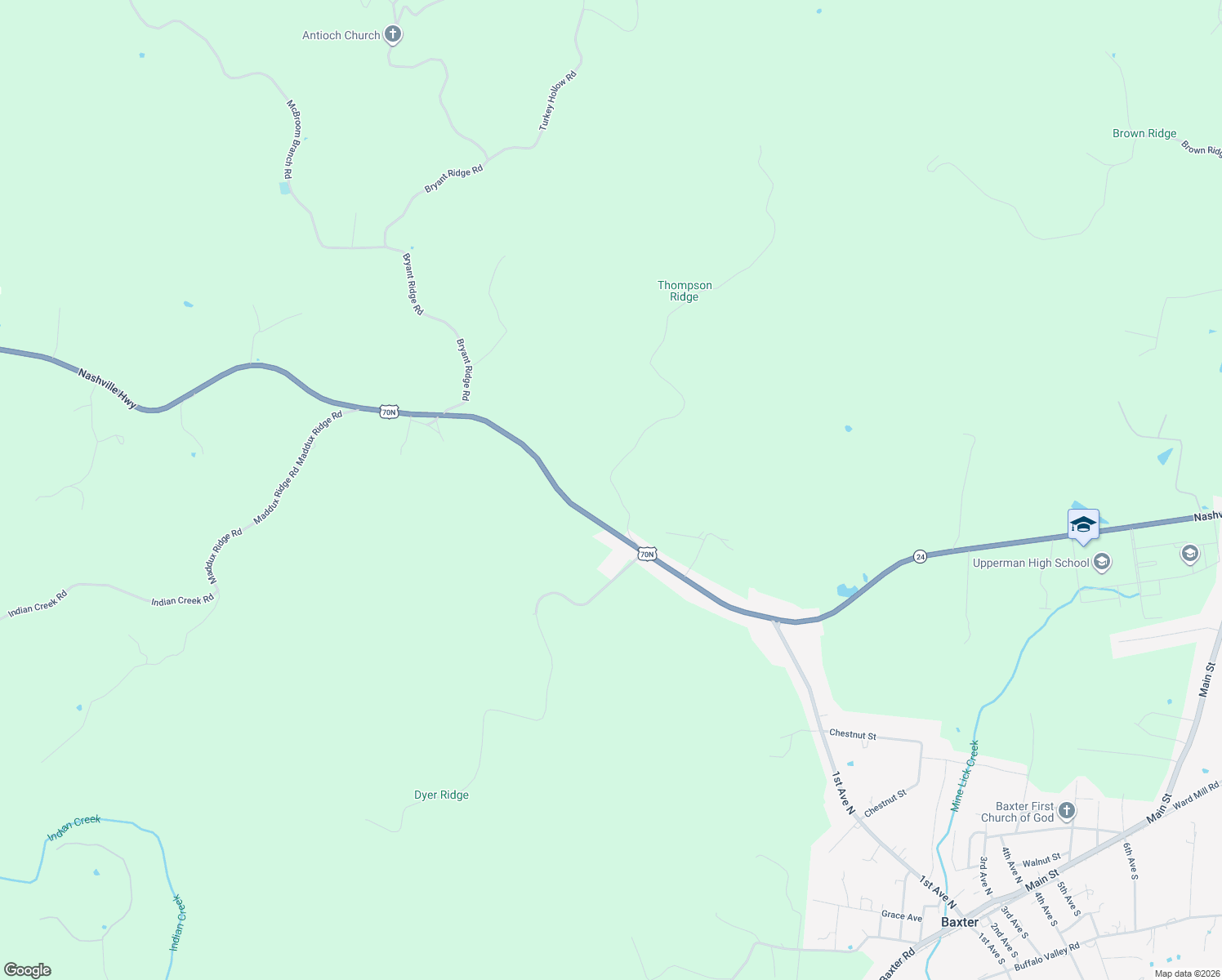 map of restaurants, bars, coffee shops, grocery stores, and more near 310 Thompson Ridge Road in Baxter