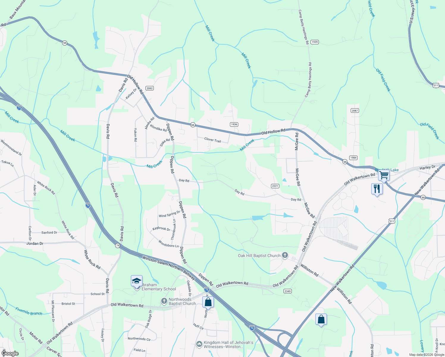 map of restaurants, bars, coffee shops, grocery stores, and more near 3521 Day Rd in Walkertown