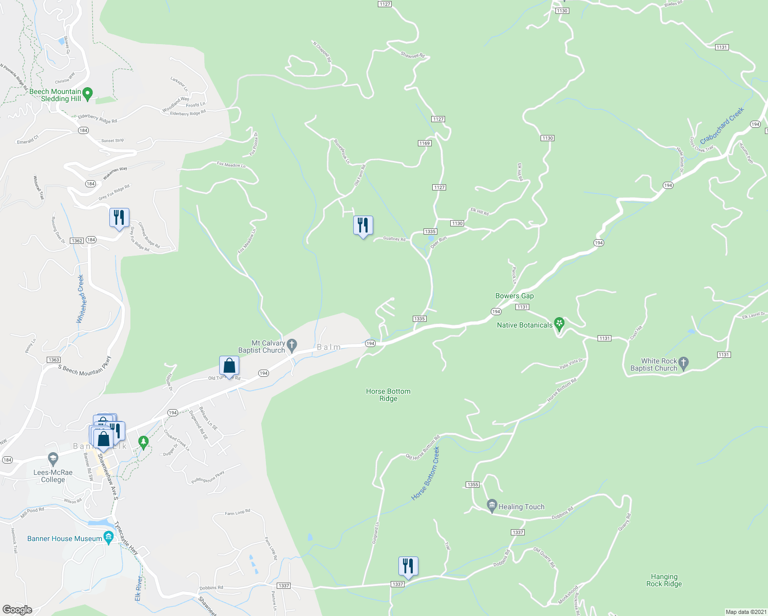 map of restaurants, bars, coffee shops, grocery stores, and more near in Banner Elk