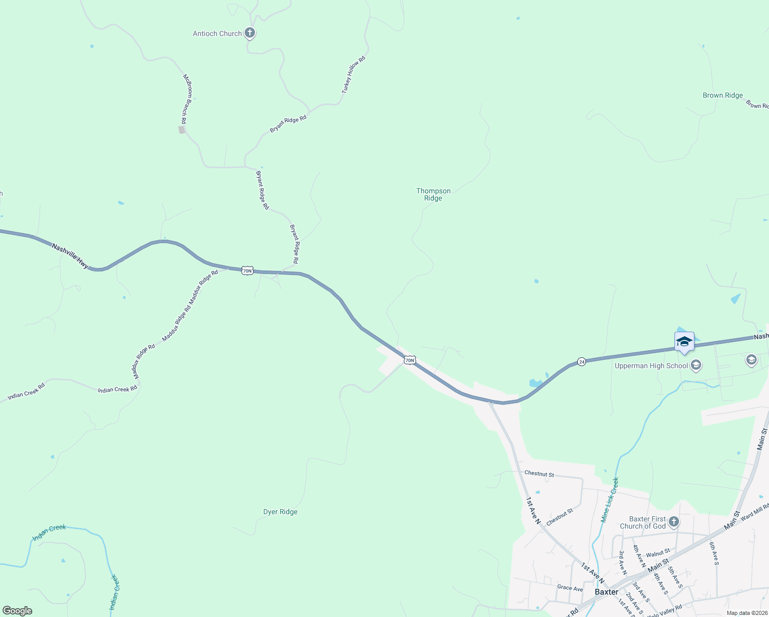 map of restaurants, bars, coffee shops, grocery stores, and more near 310 Thompson Ridge Road in Baxter