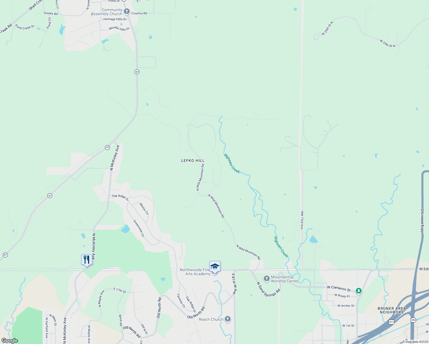 map of restaurants, bars, coffee shops, grocery stores, and more near 2819 North Wild Mountain Road in Tulsa