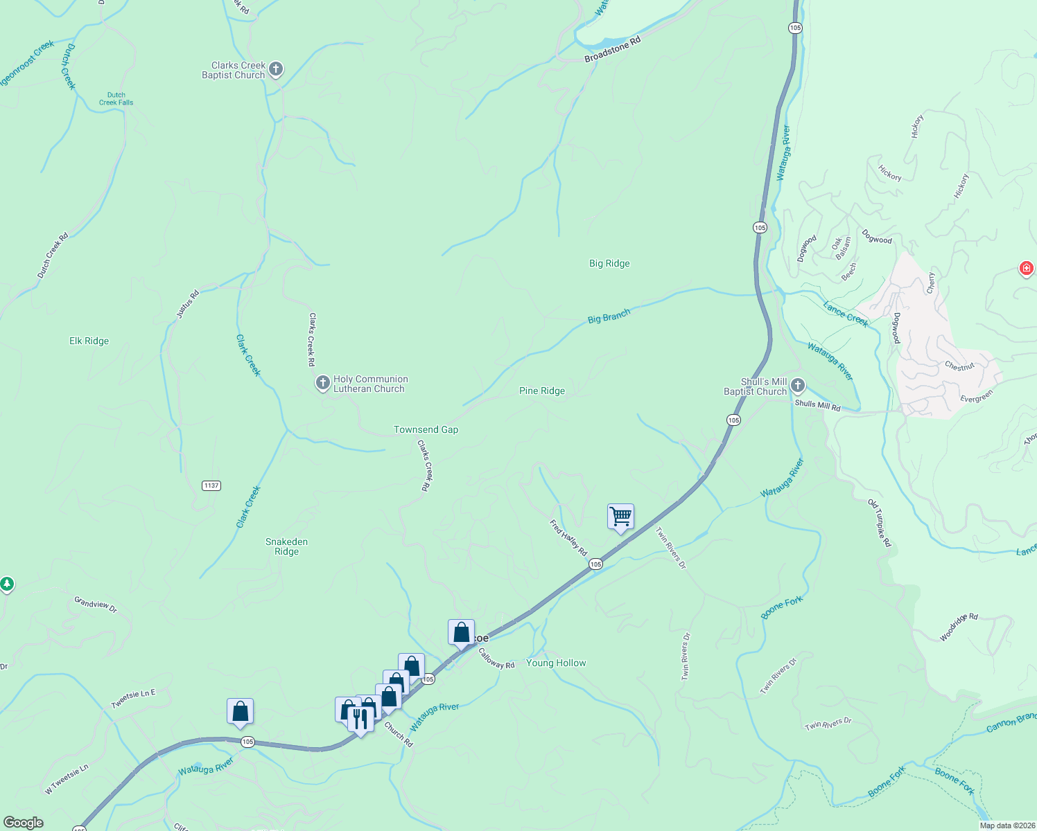 map of restaurants, bars, coffee shops, grocery stores, and more near 155 Falcon Trace in Boone