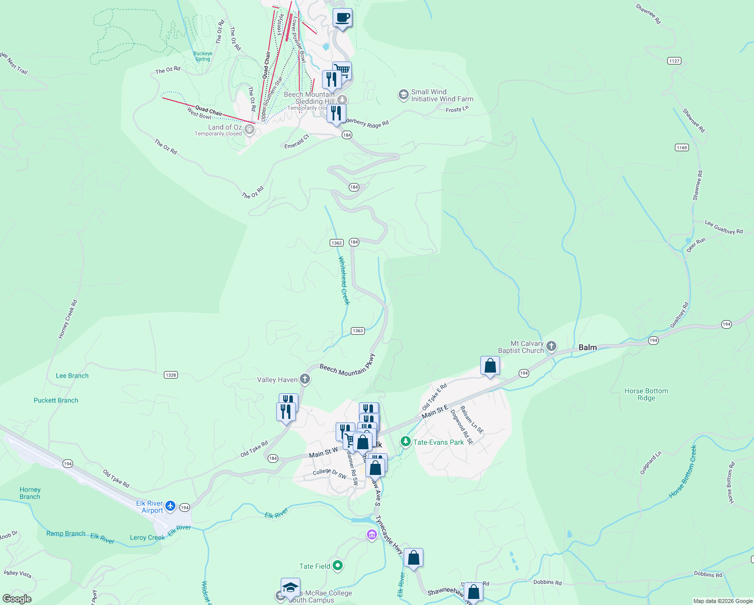 map of restaurants, bars, coffee shops, grocery stores, and more near 1378 South Beech Mountain Parkway in Banner Elk