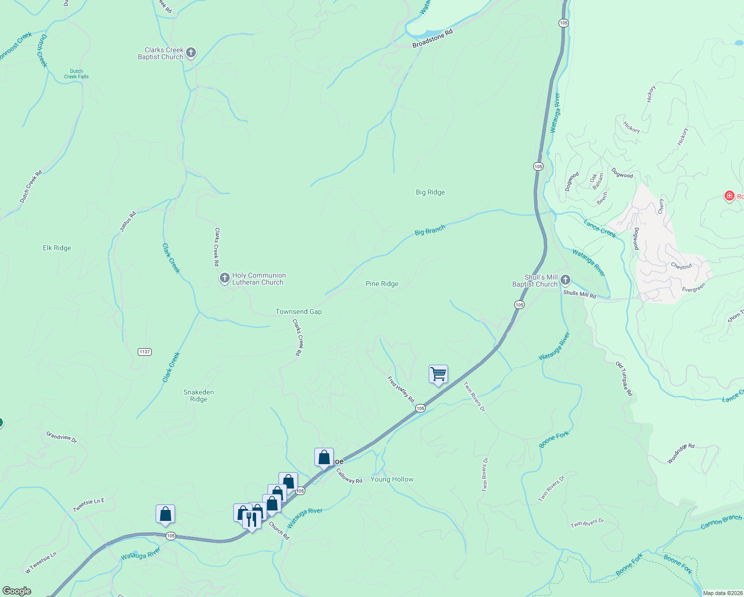 map of restaurants, bars, coffee shops, grocery stores, and more near 155 Falcon Trace in Boone