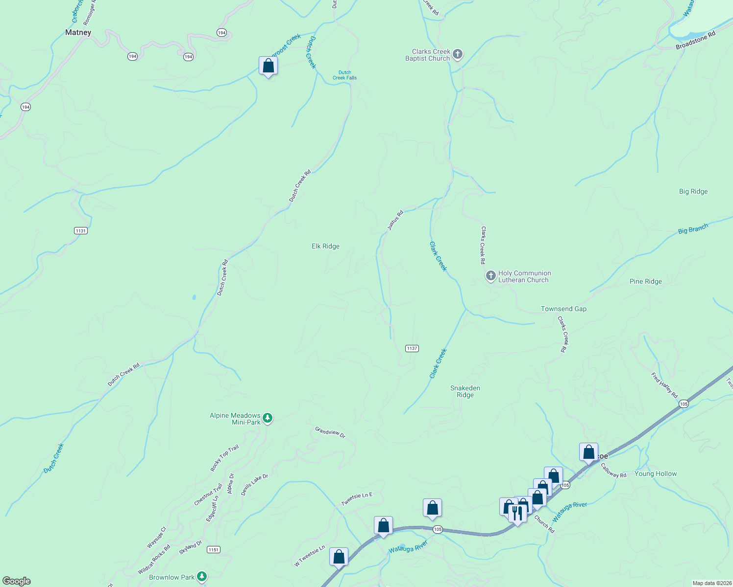 map of restaurants, bars, coffee shops, grocery stores, and more near 250 Larkspur Trail in Banner Elk