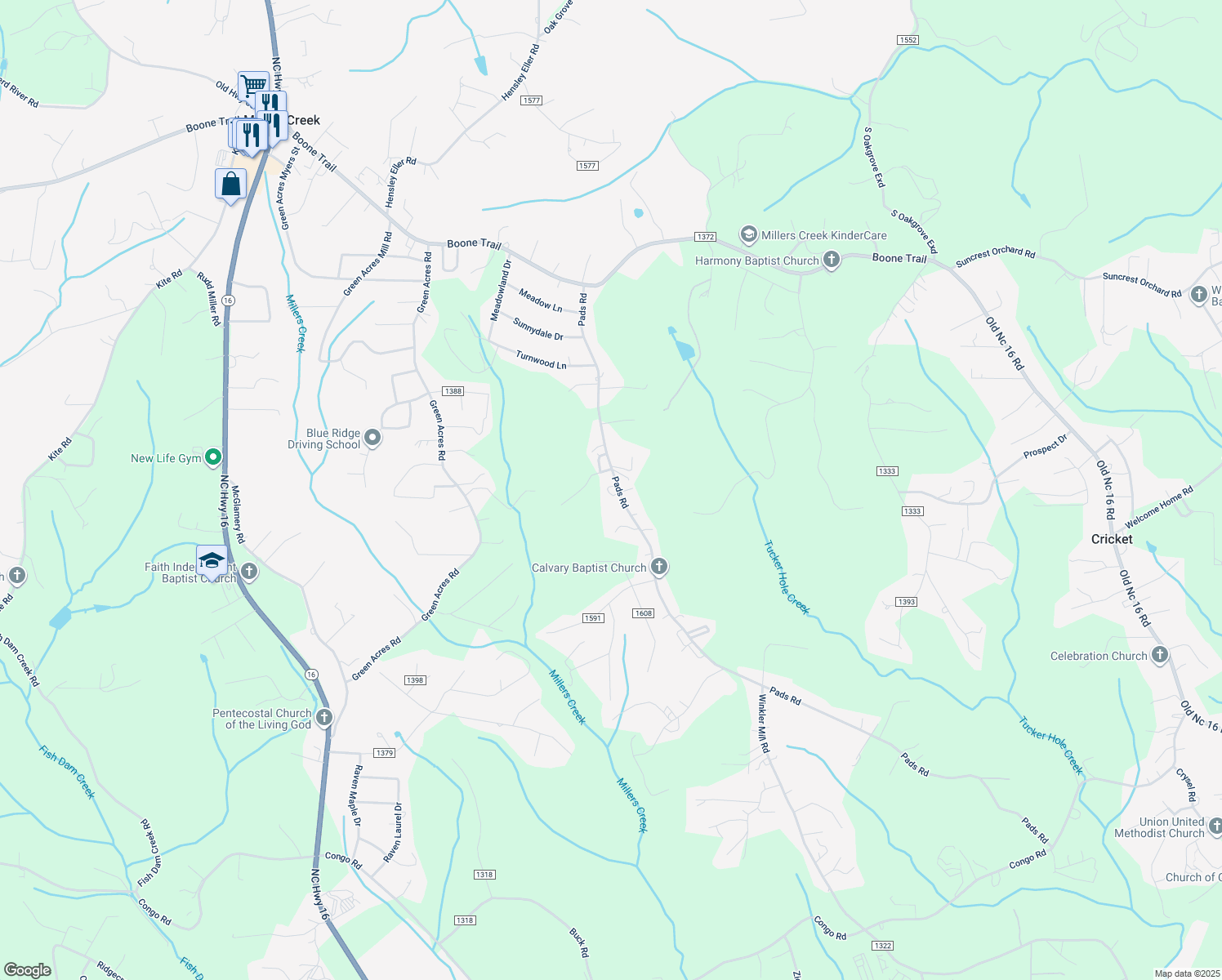 map of restaurants, bars, coffee shops, grocery stores, and more near 1905 Pads Road in North Wilkesboro