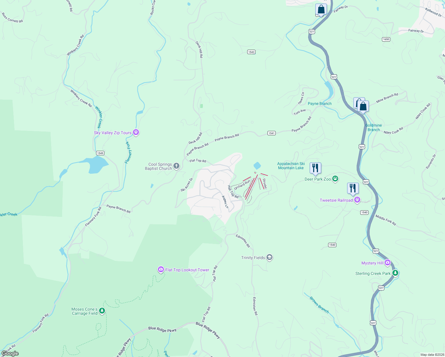map of restaurants, bars, coffee shops, grocery stores, and more near 150 Chipmunk Lane in Blowing Rock