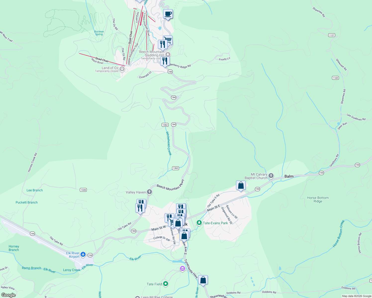 map of restaurants, bars, coffee shops, grocery stores, and more near 1378 Beech Mountain Parkway in Beech Mountain