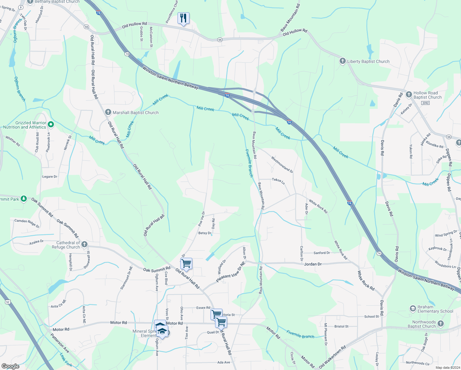 map of restaurants, bars, coffee shops, grocery stores, and more near 136 Morgan Road in Winston-Salem